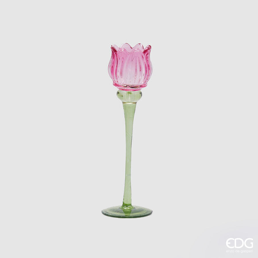 SUPORTE VELA TULIPA ROSA 27x8CM