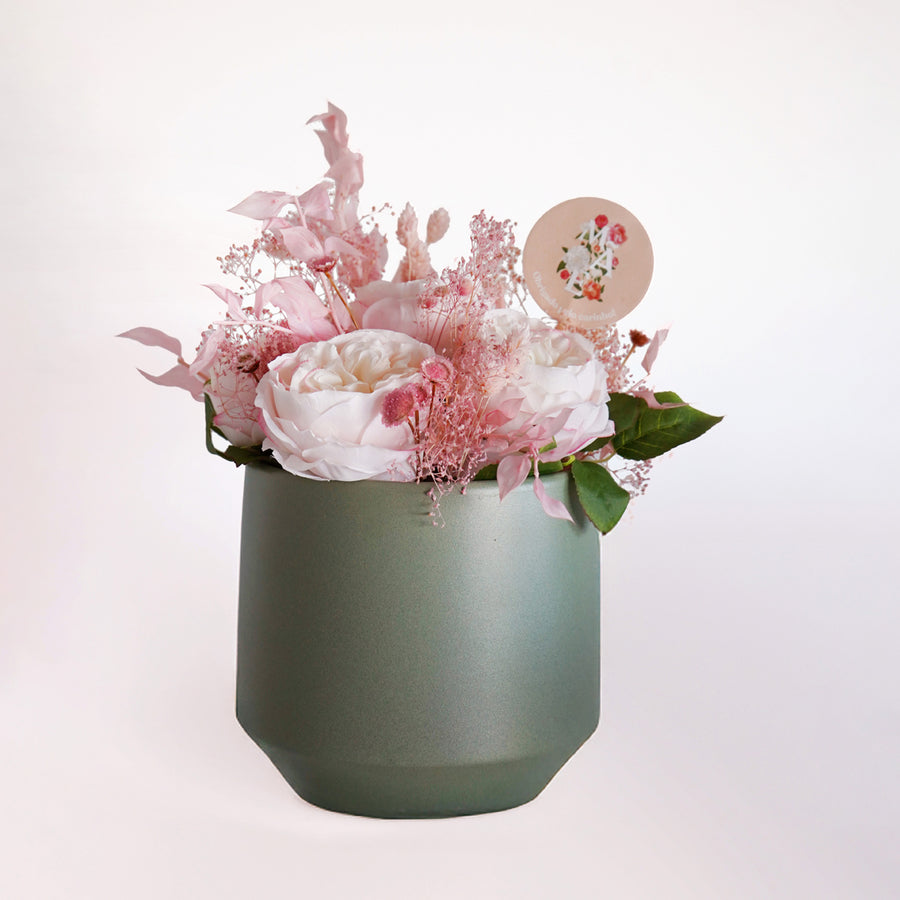 VASO VERDE ESCURO C/FLOR E SECOS ROSA 30x26CM