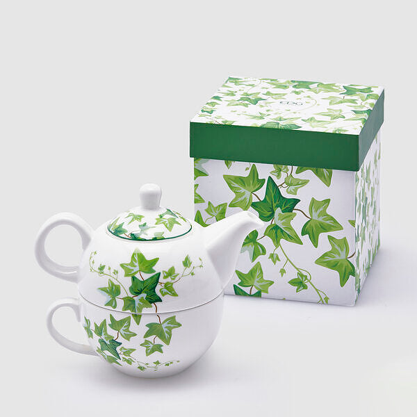 SET CHAVENA + BULE FOLHAS VERDE/BRANCO 13x12CM