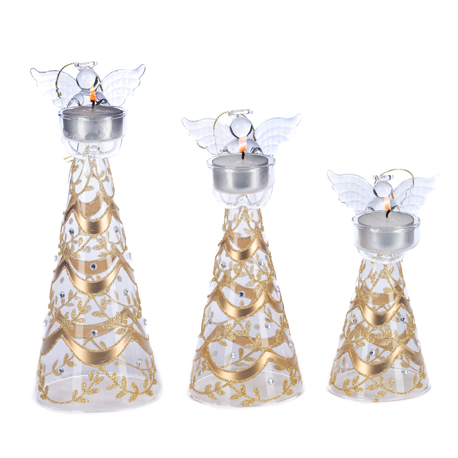 SUPORTE VELA ANJO VIDRO/DOURADO 15CM